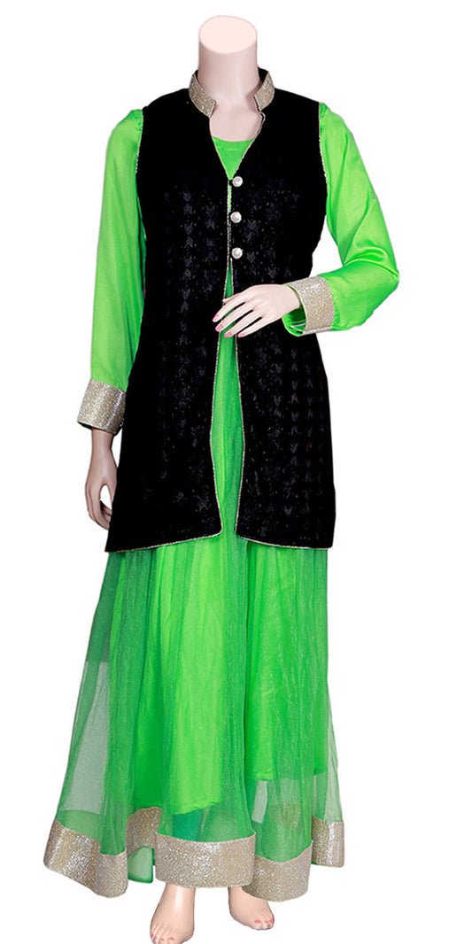 Green Silk Flared Dress with Black Phulkari Jacket