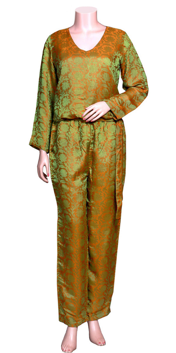 Olive Green Floral Silk Long Jumpsuit