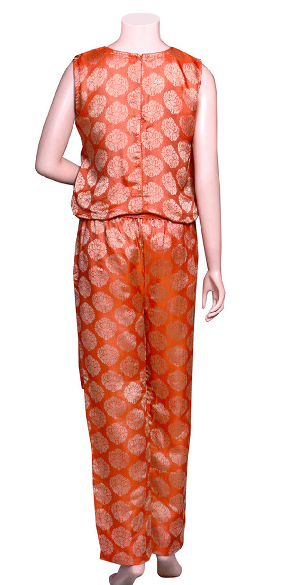 Orange and Gold Floral design Silk Long Jumpsuit