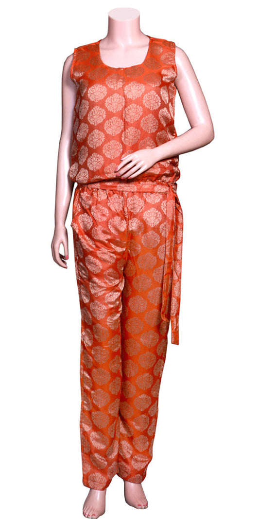 Orange and Gold Floral design Silk Long Jumpsuit