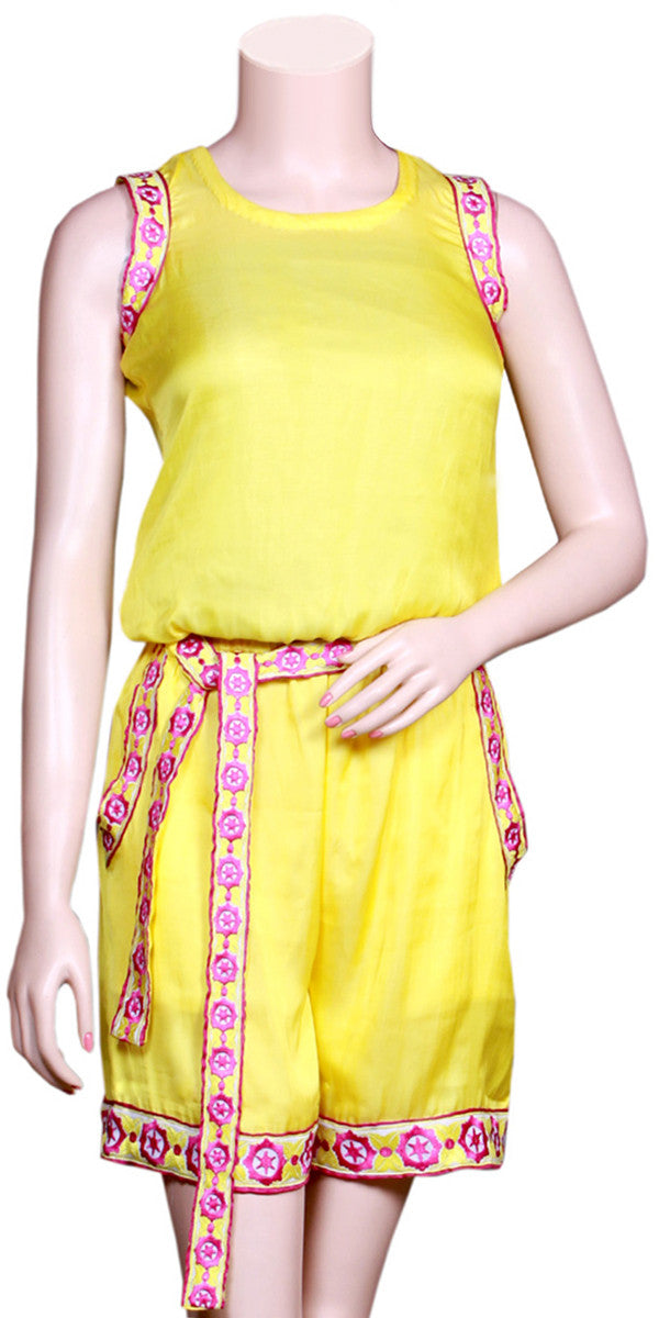 Yellow Color Viscose/Satin Silk without Sleeve & slant pockets with Embroidery Lace half Jumpsuit
