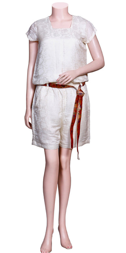 Cream Floral design Silk Short Jumpsuit