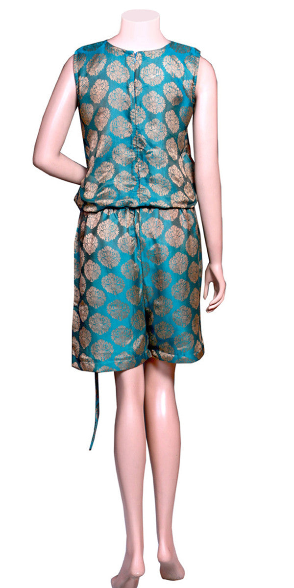 Teal and Gold Floral design Silk Short Jumpsuit