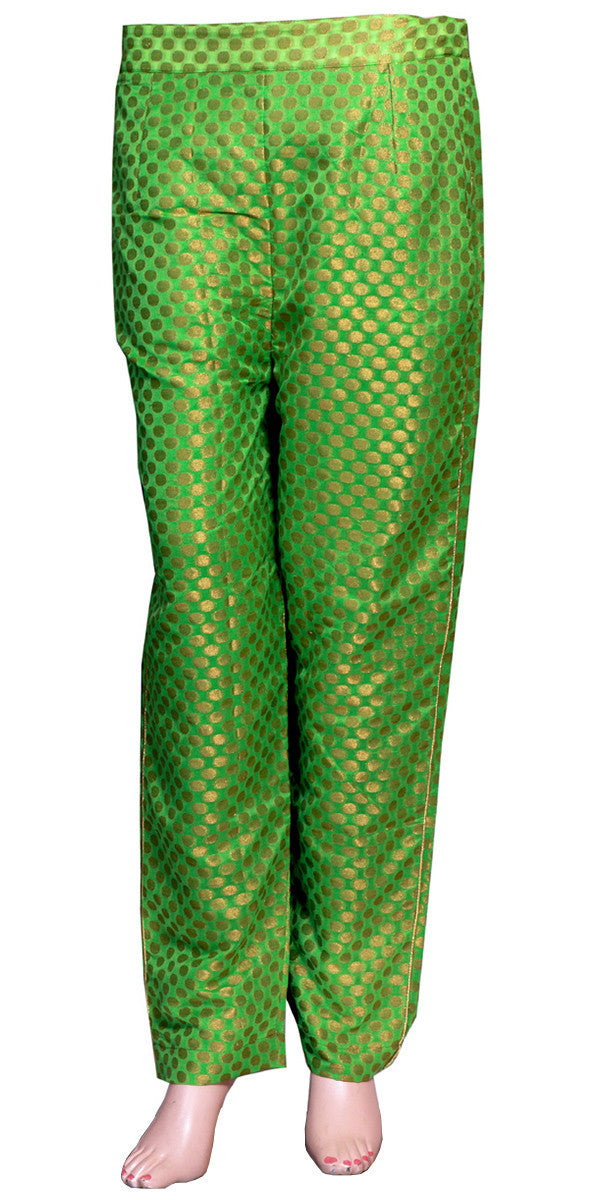 Green & Golden Jacquard Art Silk Women's Fitted Skinny Pants Trousers Zari Patterns BOHO