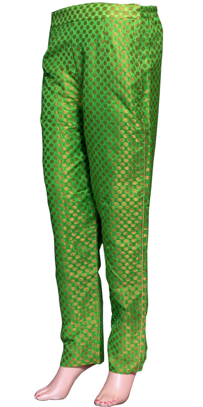 Green & Golden Jacquard Art Silk Women's Fitted Skinny Pants Trousers Zari Patterns BOHO