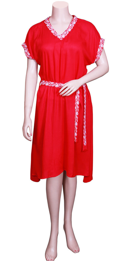 Red Rayon Dress With Embroidered Borders