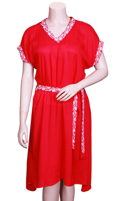 Red Rayon Dress With Embroidered Borders