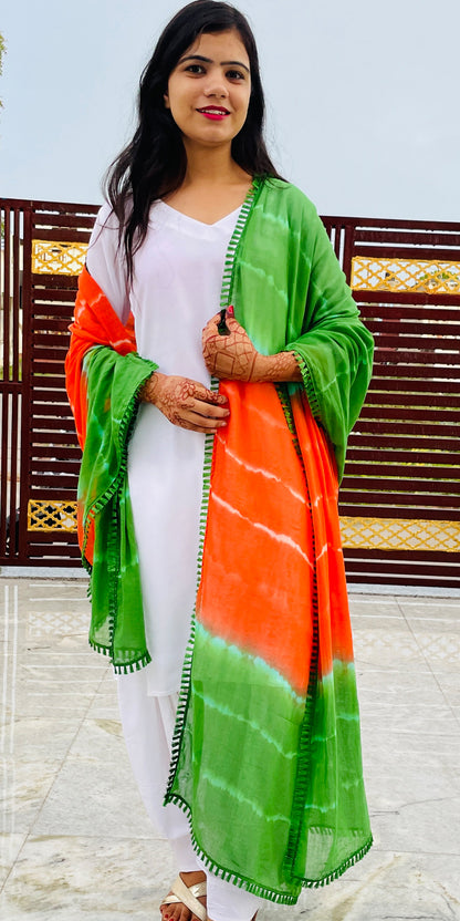 Tricolor Dupatta, Pure Mulmul(Muslin), Hand Tie -Dye, with Border