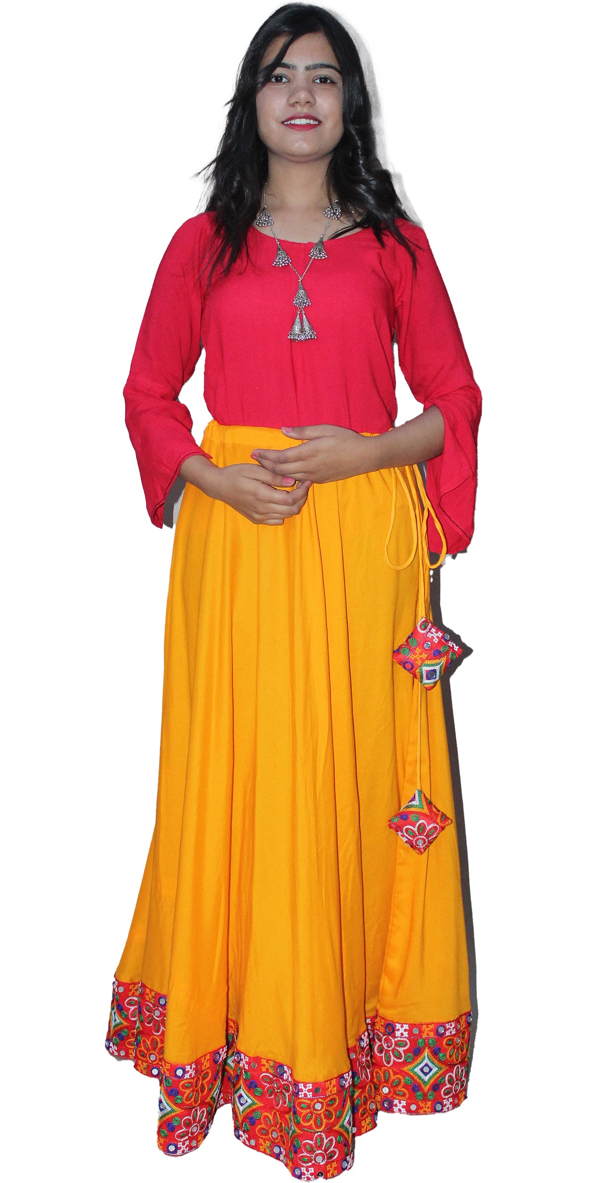 Yellow silk flared skirt with Gujarati border lace and tassels ,festival, dancing, navratri Skirt, pooja Dress, holi, Indian festival, indian dresses, Long skirt, gift for her, Kutchi Ghaghra, Gujrati Lehnga, Rajwadi