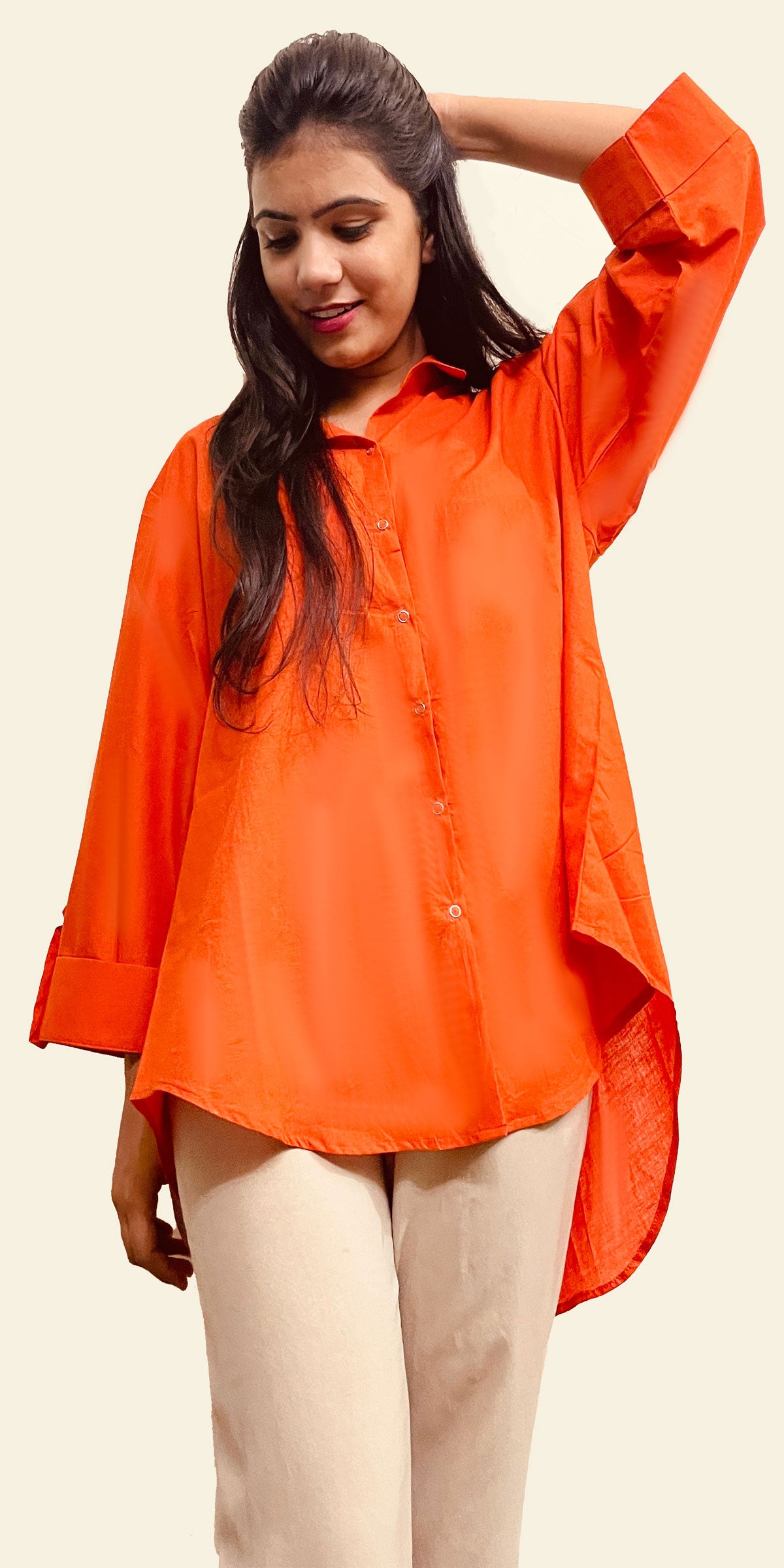 Orange Cotton Voile Button Down Crop Top Shirt
