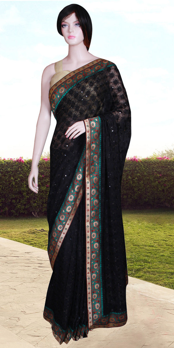 Black Saree, Heavy embroidered saree, Black Banrasi Border Saree, Black Wedding saree, Black partywear Saree, Phulkari saree, Indian Saree, Indian Ethnic saree, Indian Partywear, Indian Chiffon Sari, Designer Sari