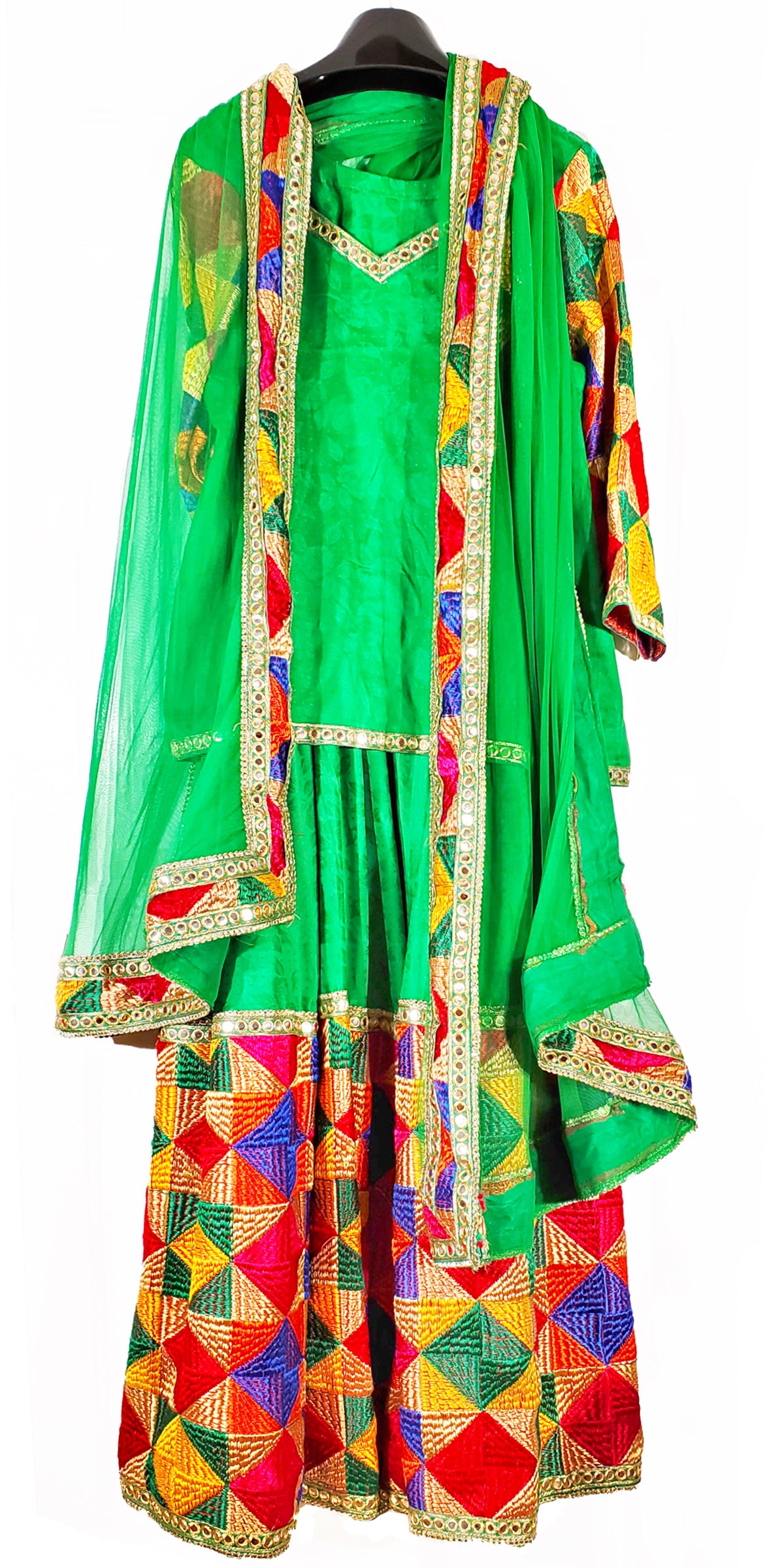 Green Phulkari Hand Embroidered Punjabi Lehenga Set