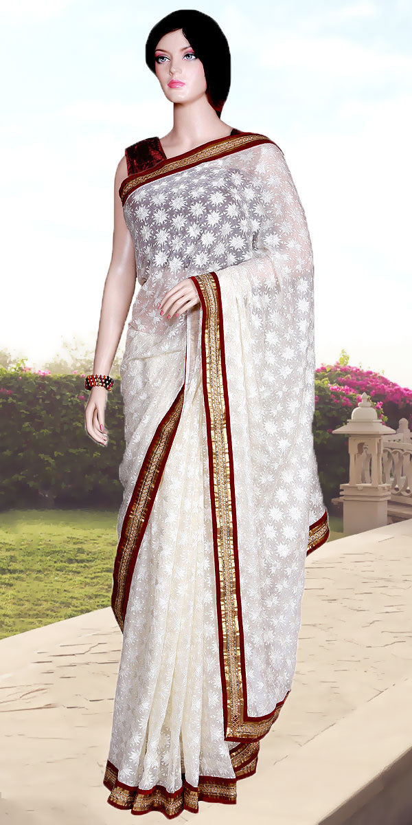 Indian Ethnic wear Saree, Indian Pooja dress, White Embroidered Saree, White Chiffon Saree, Traditional Indian Saree in USA, Maroon and Golden Saree, White heavy embroidered Sari