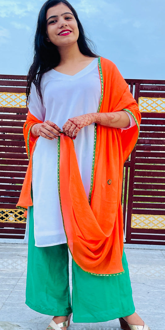 White Pure Muslin kurta. Green Palazzo, Orange Mirror Work Pure Chinon Dupatta