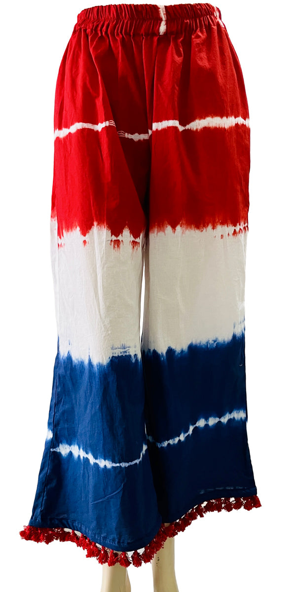 Red Blue White Palazzo Pure Cotton Summer Comfortable, American Flag Color Pants Hand Tie Dye