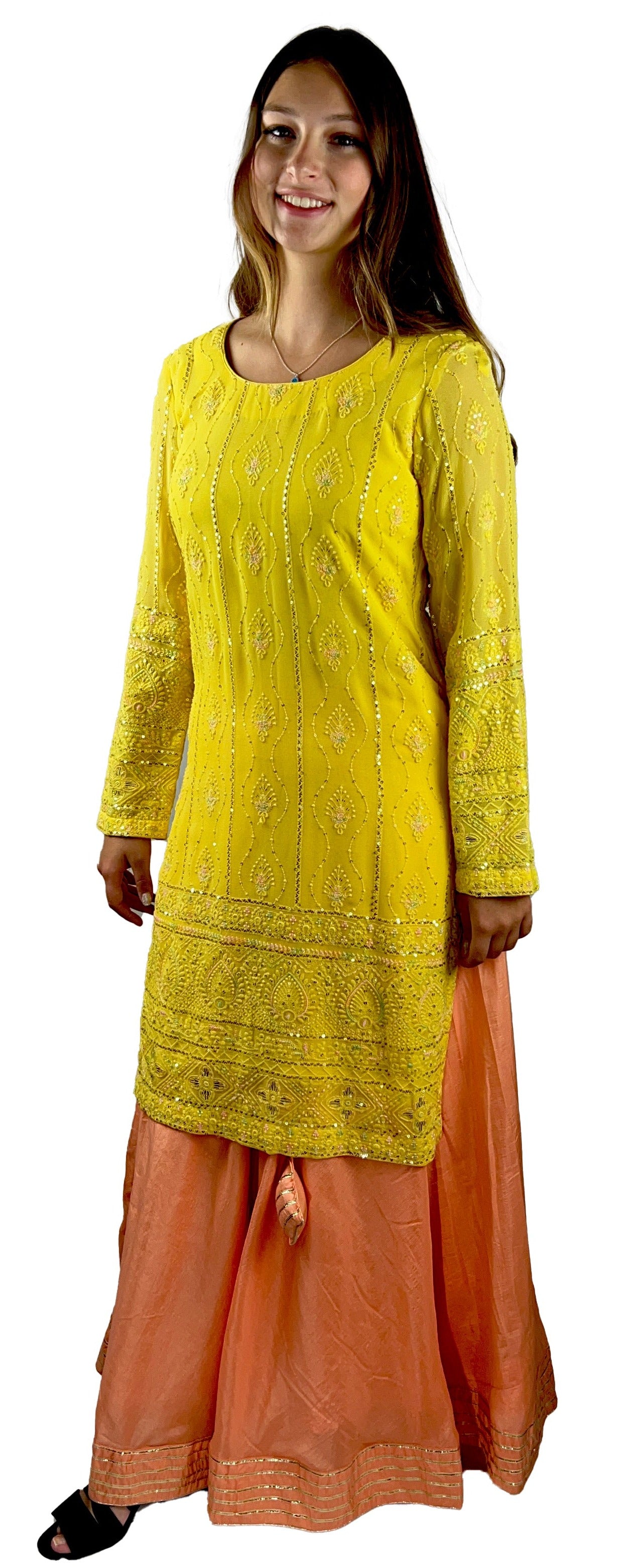 Yellow Kurti with Peach Lehenga and Dupatta