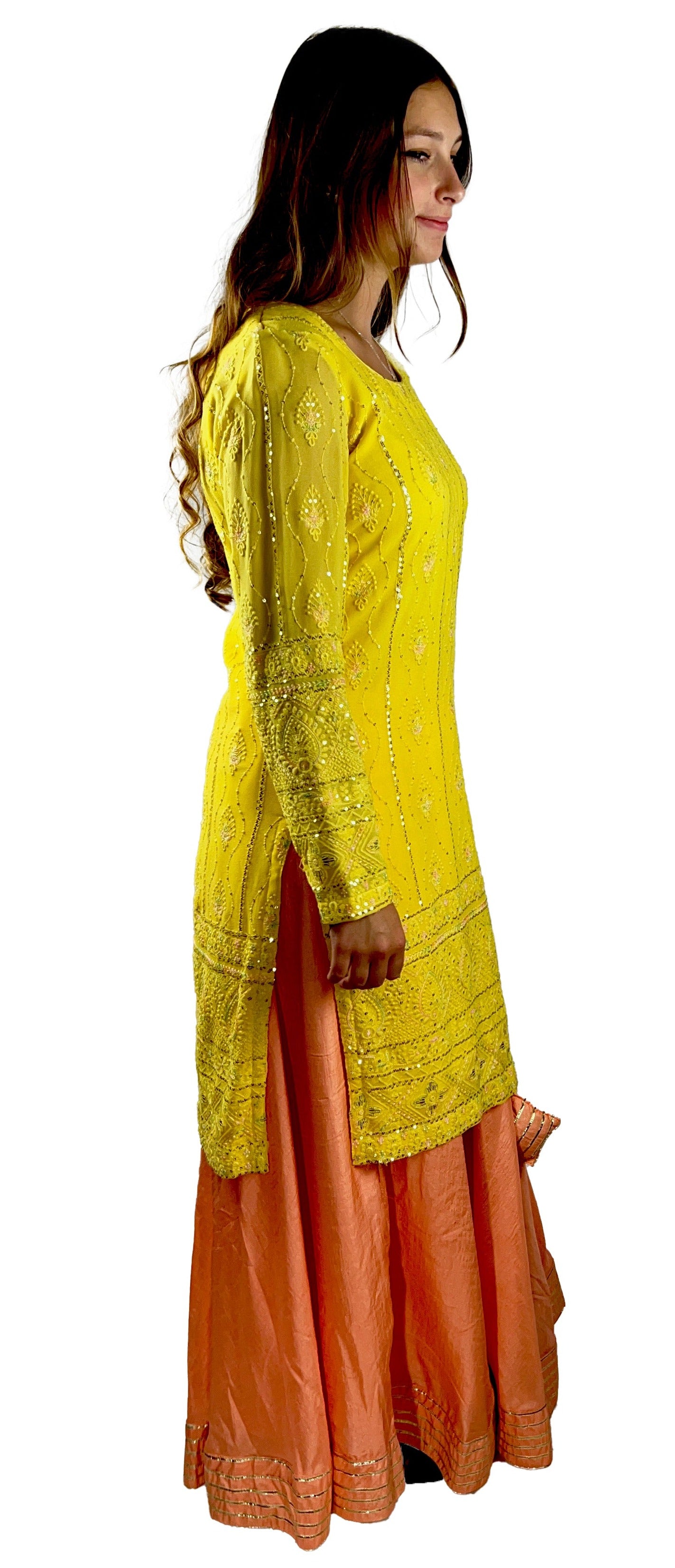 Yellow Kurti with Peach Lehenga and Dupatta