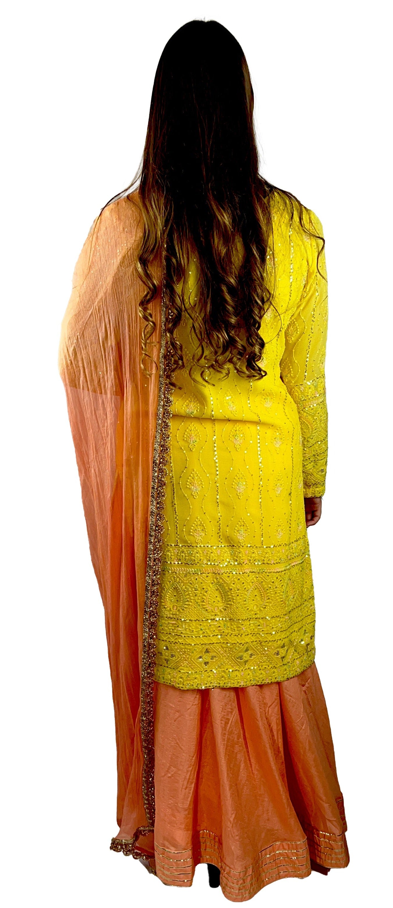 Yellow Kurti with Peach Lehenga and Dupatta