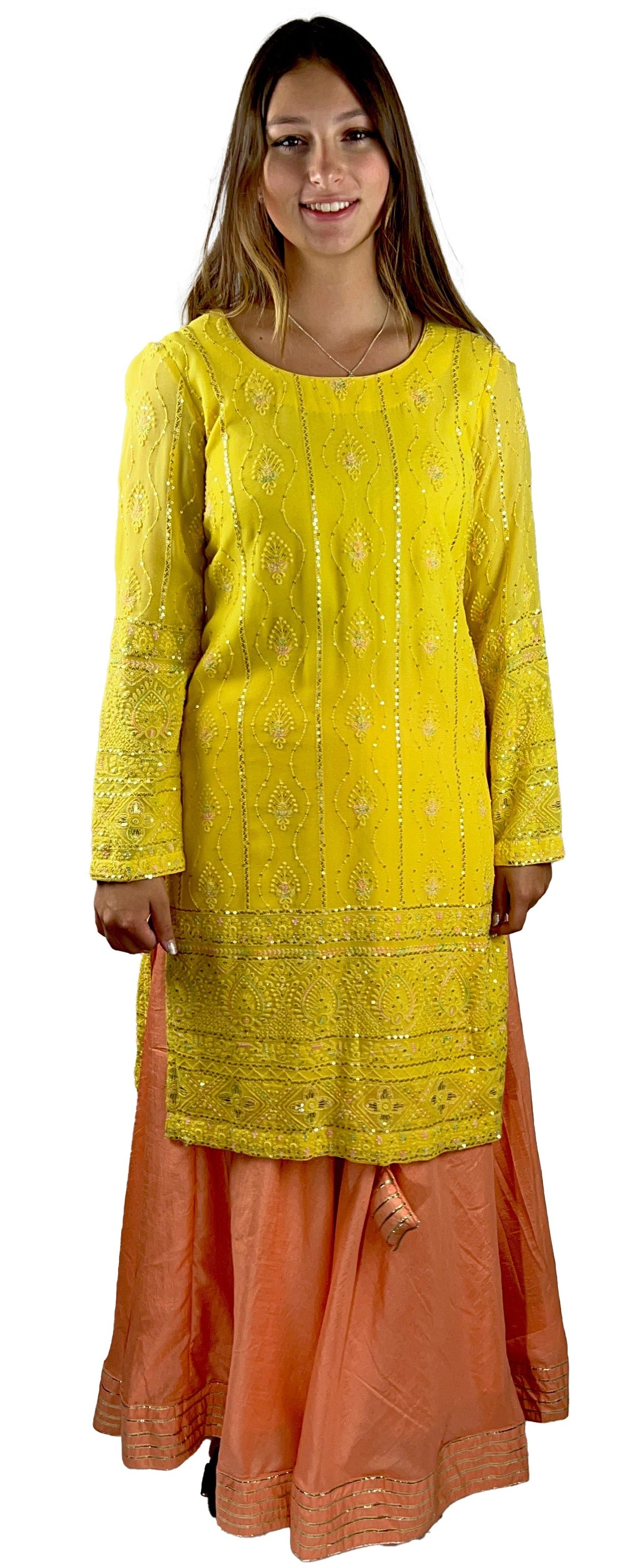 Yellow Kurti with Peach Lehenga and Dupatta