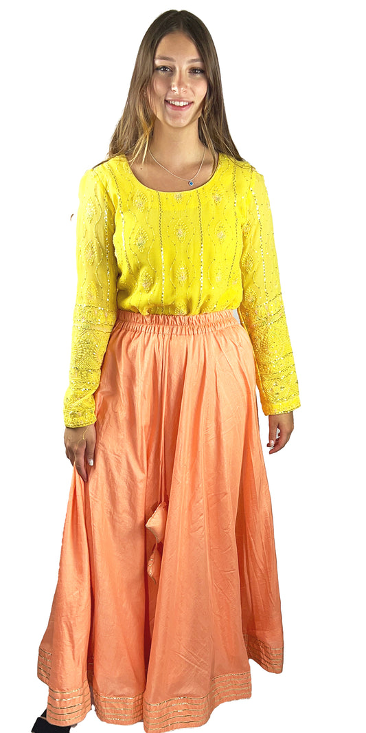 Peach color Long Skirt with Silver Lace Work