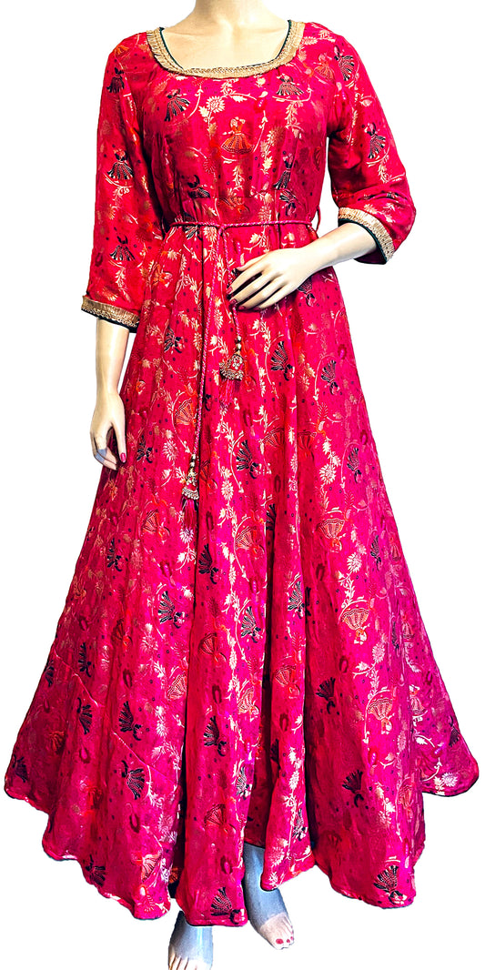 Pink Long Flared Dola Silk Dress, Gown with Unique Indian pattern