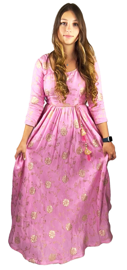 Long Pink Dress Silk Dress, Partywear Floor Length Dress with Golden embroidery