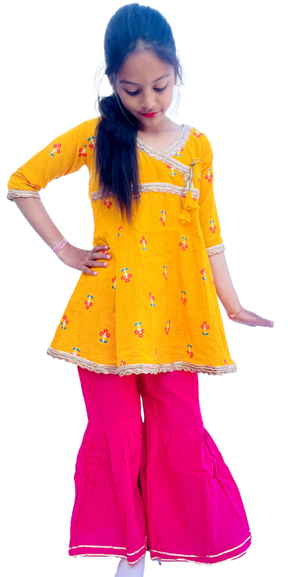 Yellow and Hot Pink Pure Cotton Sharara Suit for Girls