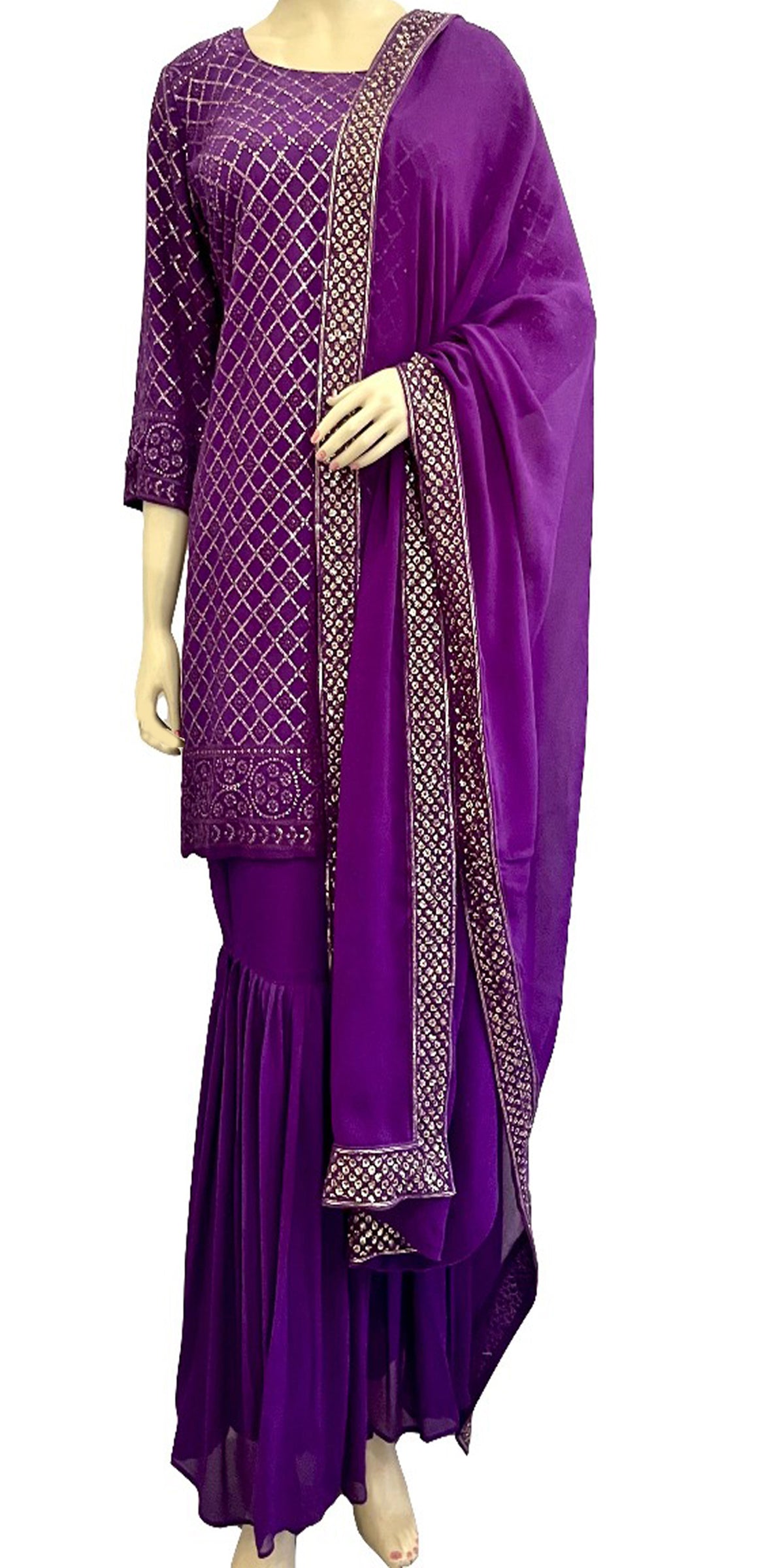 Purple Sharara Dress, Sequins embroidered sharara Dress, Ready to wear Fancy Sharara Suit,  Indian Partywear Sharara Suit, Punjabi Flared bottom Suit, Sharara with Kurta and Dupatta, Sharara With kameez, Sharara with top