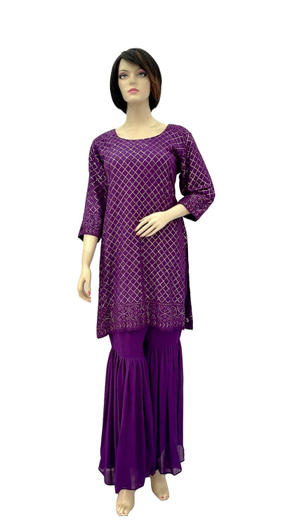 Pure Georgette Purple Sequins Gharara Suit