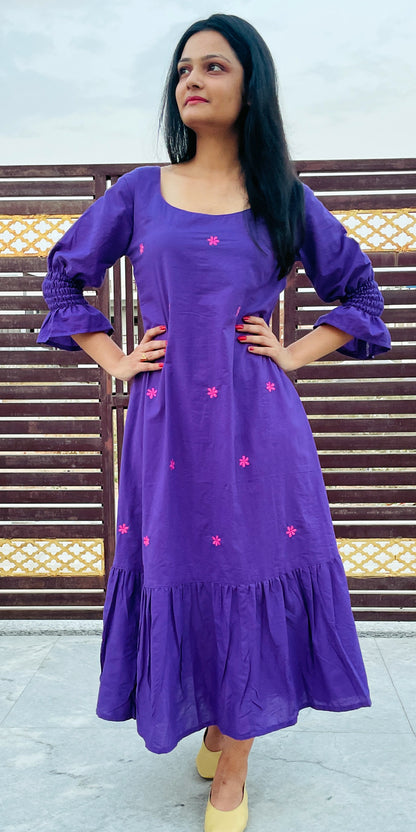 100 % Pure Voile Cotton Summer Floral Hand Embroidery Purple Lilac Lavender Color Dress
