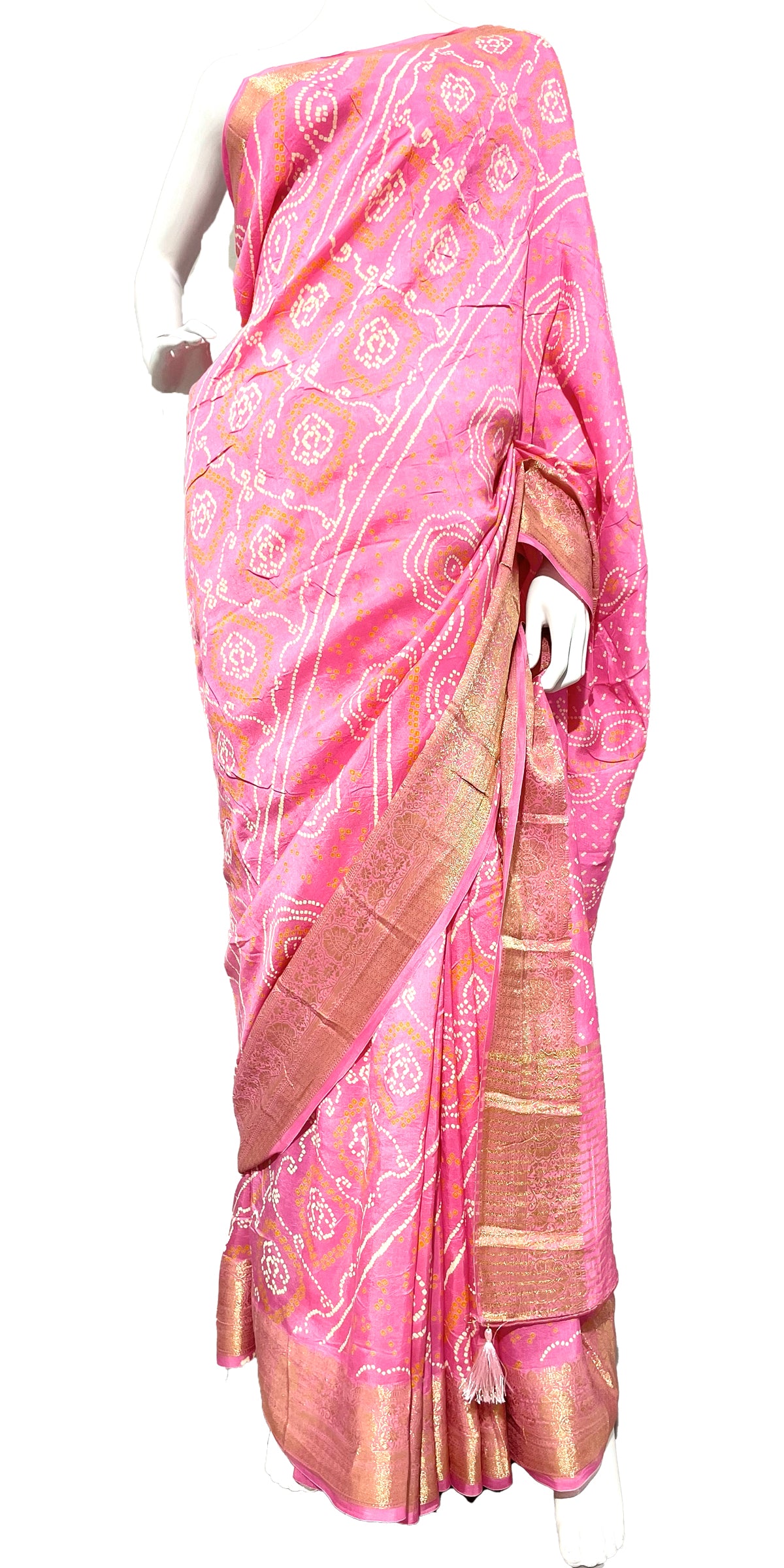 Lavender Pink Bandhani Sari, Bhandej Silk Saree, Jaipuri print Saree