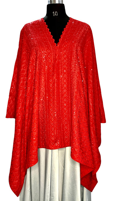 Bright Red Boho Women Versatile Poncho with sequins work