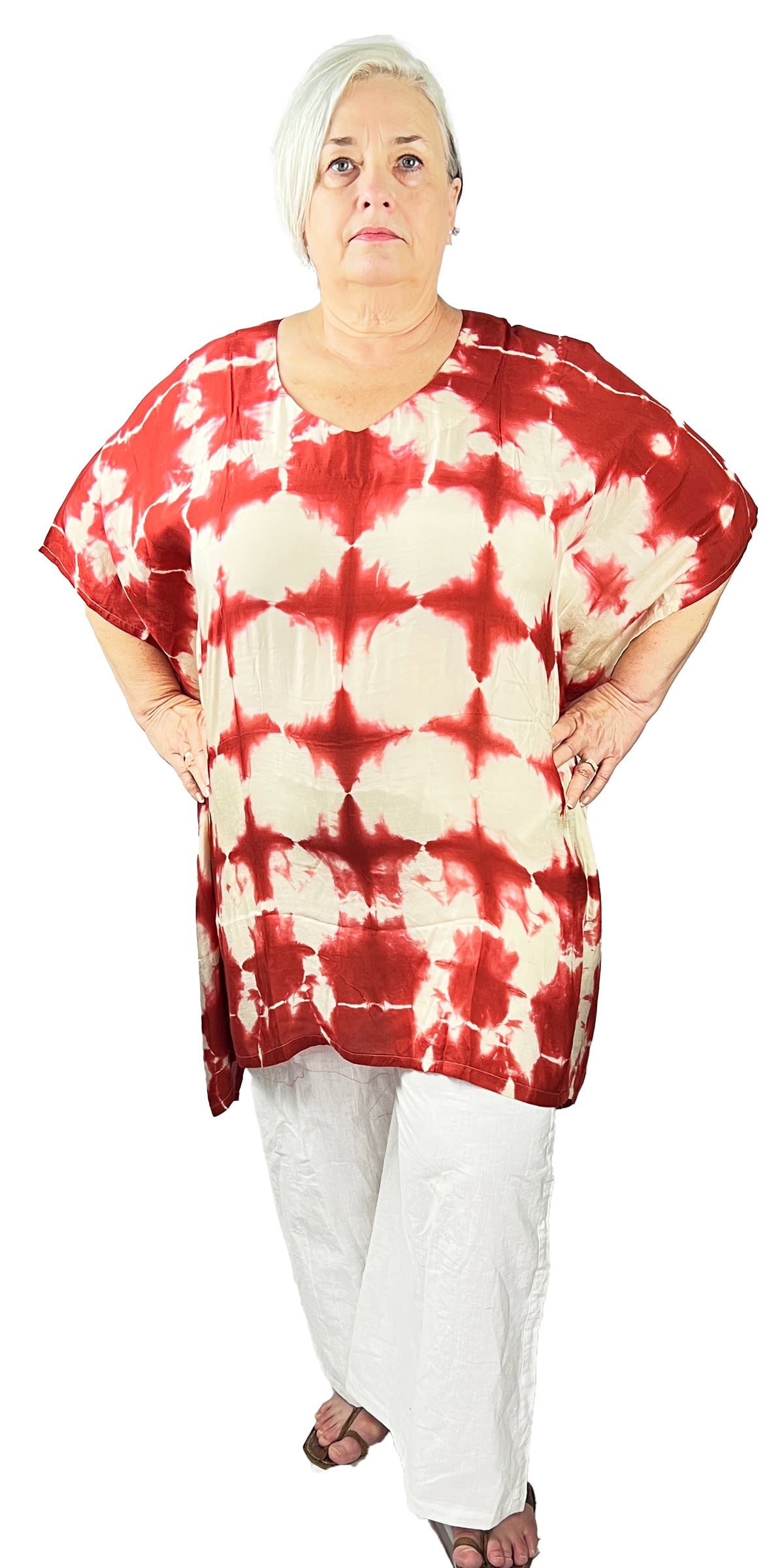 Hand Tie dye Pure Muslin Kaftan, Red and White Knee length Kaftan