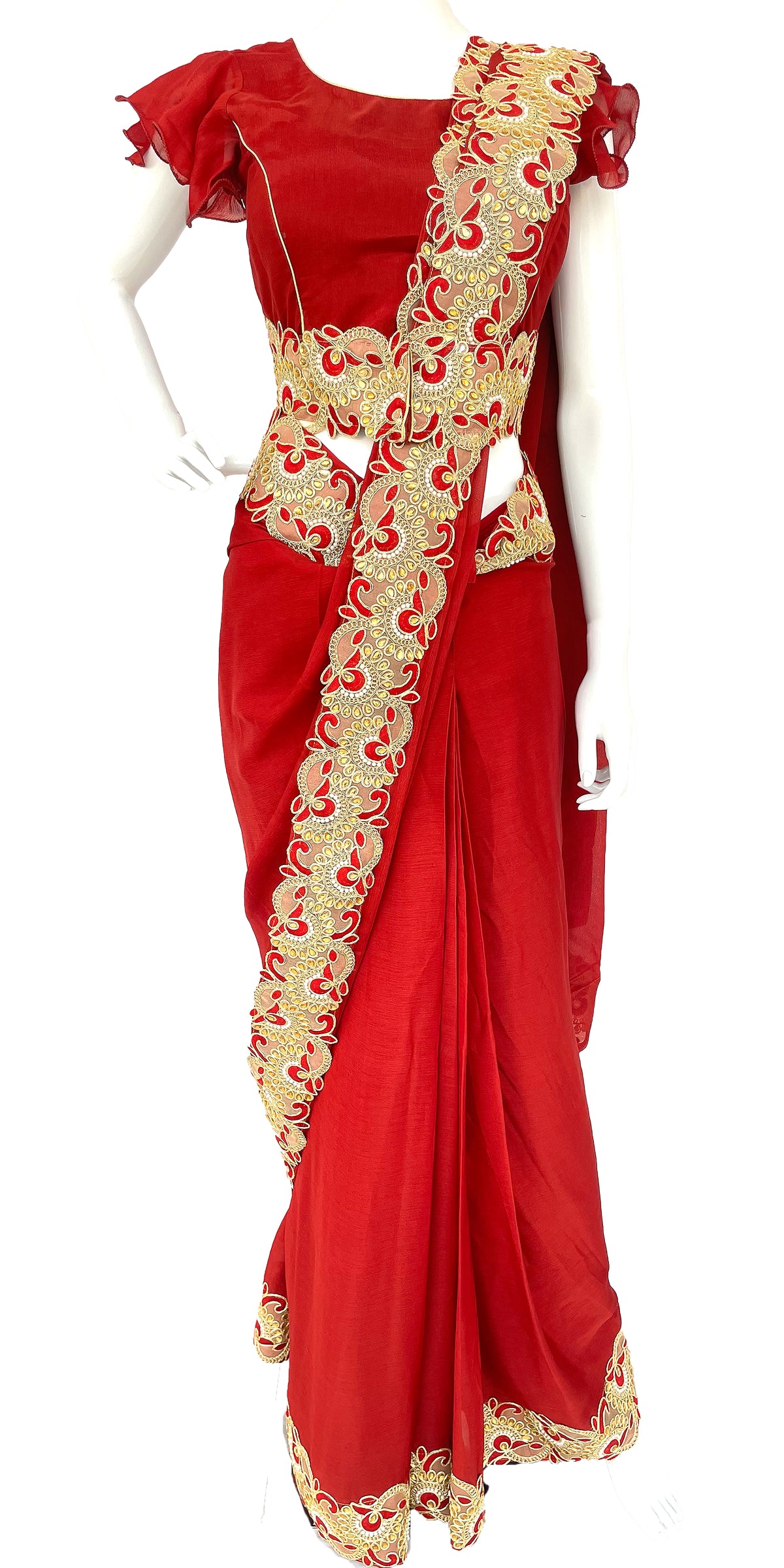 Red Maroon Pure Chinon Saree, Ready to wear Sari, Sari with belt, Padded Frill Sleeves Designer Blouse,