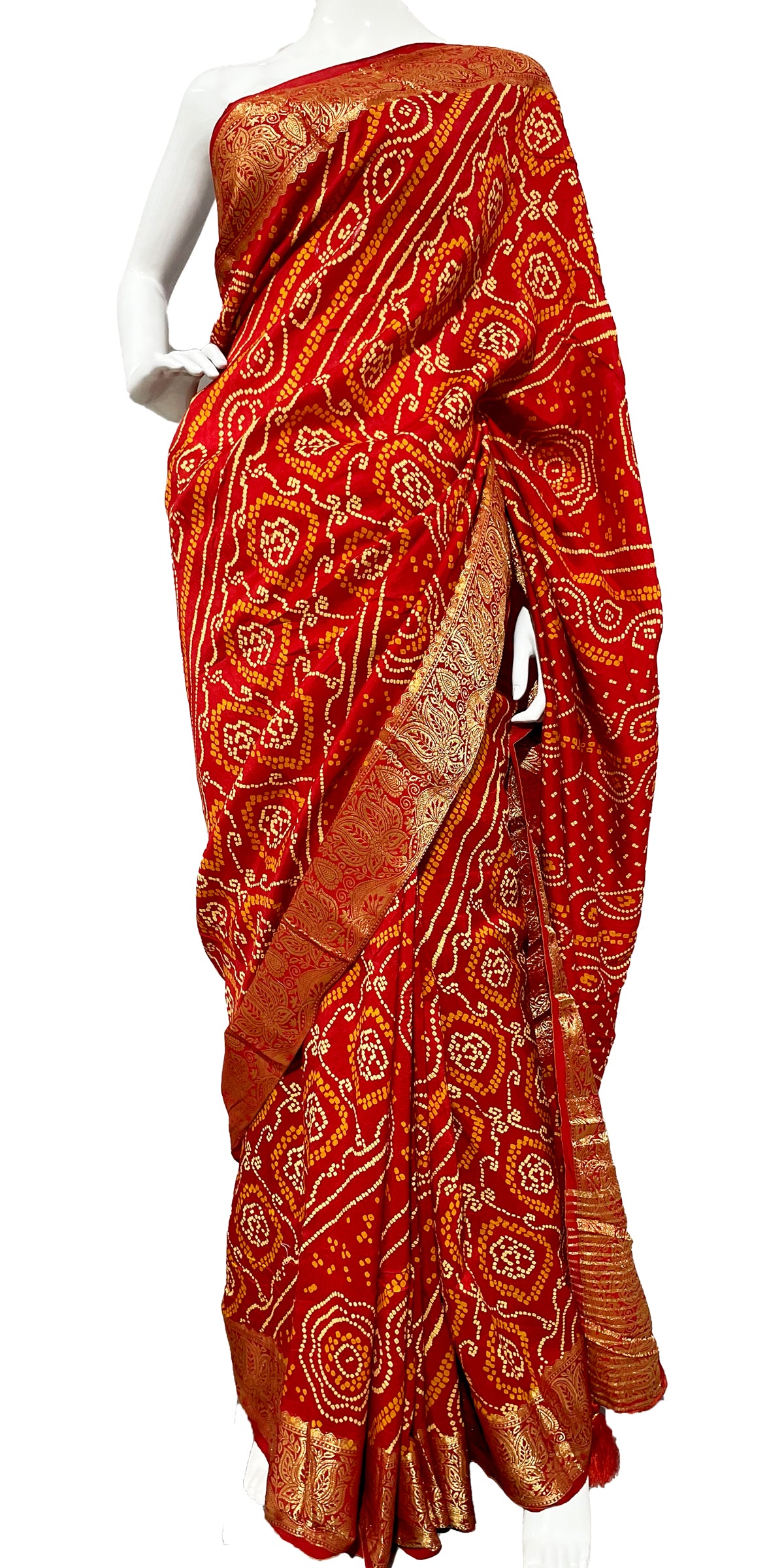 Red Orange Bandhani Sari, Bhandej Silk Saree, Jaipuri print Saree