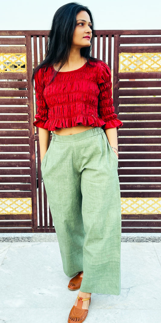Pure Cotton Voile Cropped Top with Khadi Pants Shirred and Stretchable