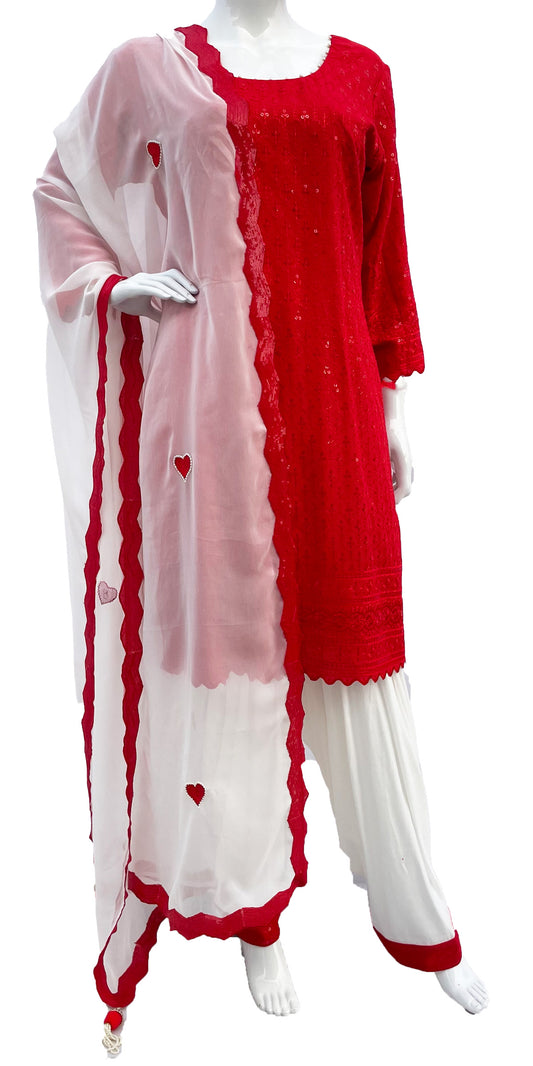 Red and White Patiala Salwar Suit, Georgette with Sequins Work