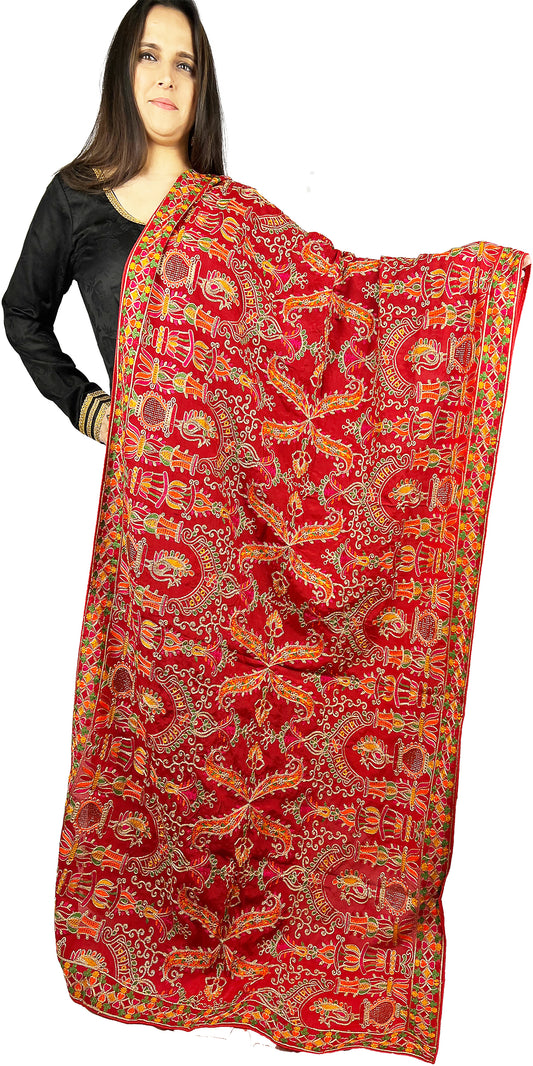 Kashmiri Embroidery Red Multicolor Threadwork Duppata in Silk