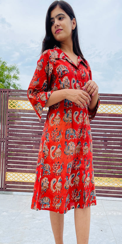 Red Block Printed, Button Up Dress, Pure Cambric Cotton Fabric