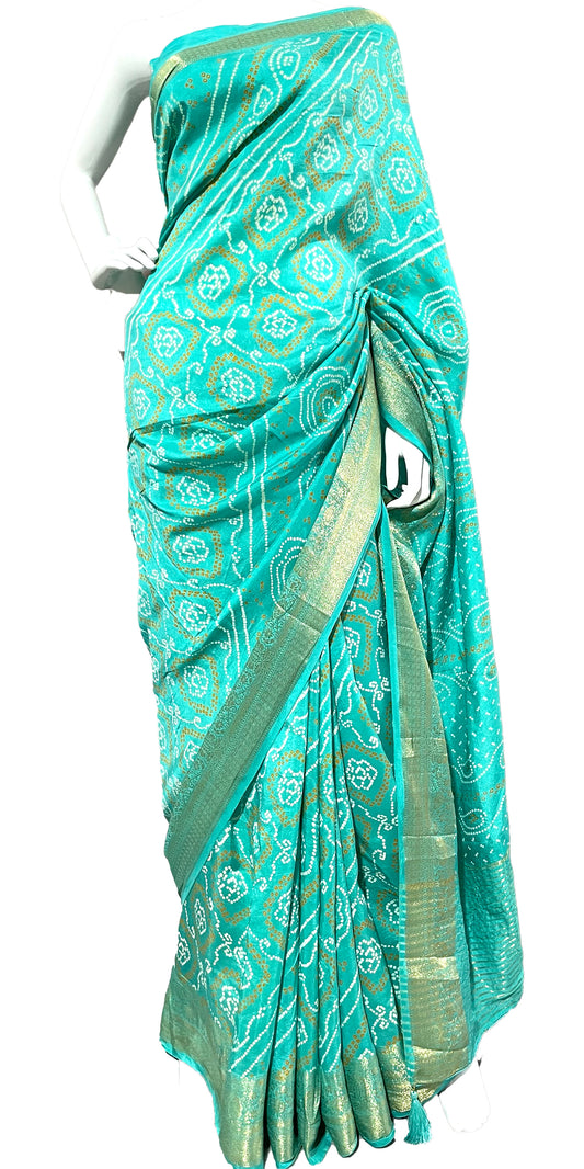 Sea Green Bandhani Sari, Bhandej Silk Saree, Jaipuri print Saree