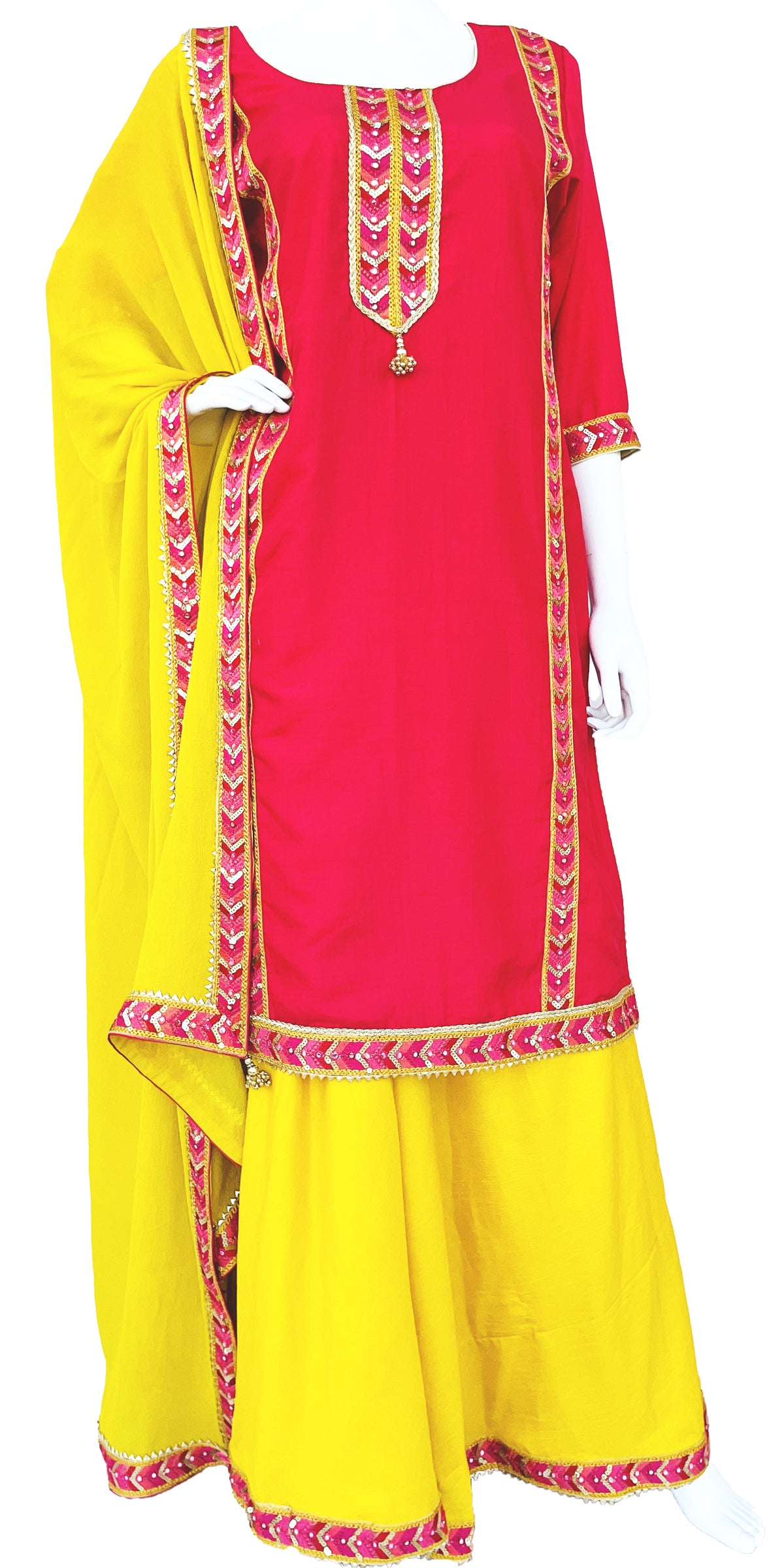 Yellow and Pink Silk Palazzo suit with fancy lace work