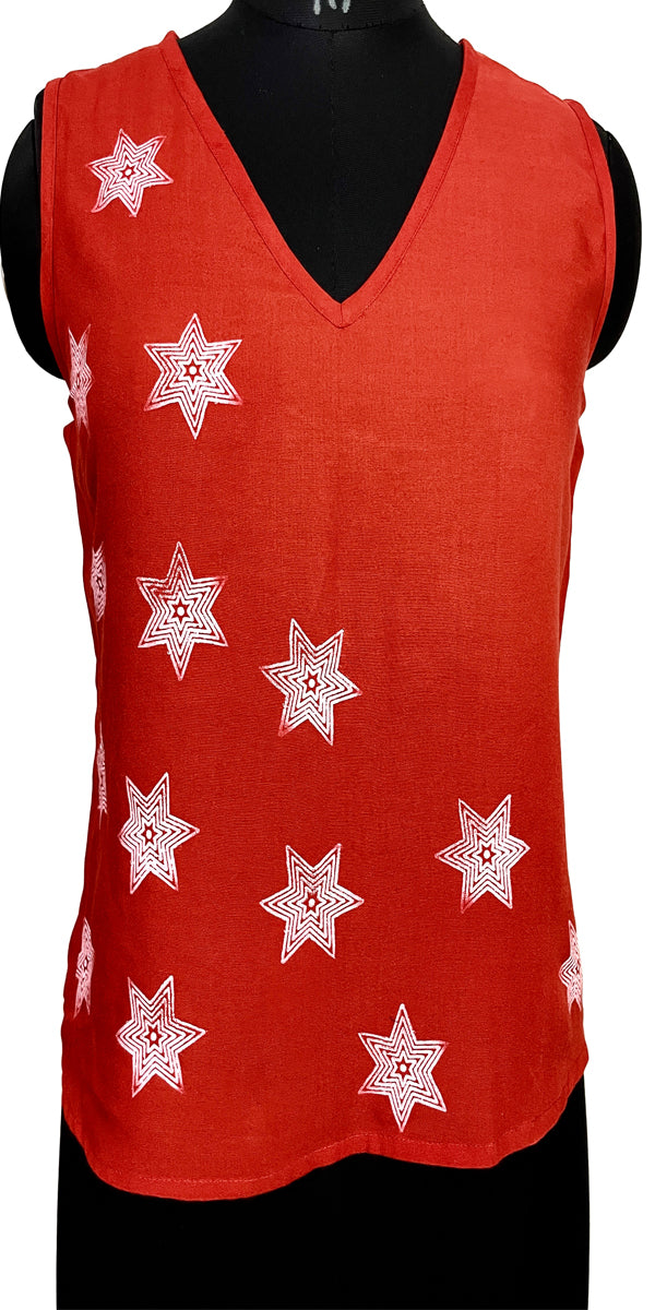 Rayon Red Sleeveless Top, Summer Topper , Hand-block, Stars