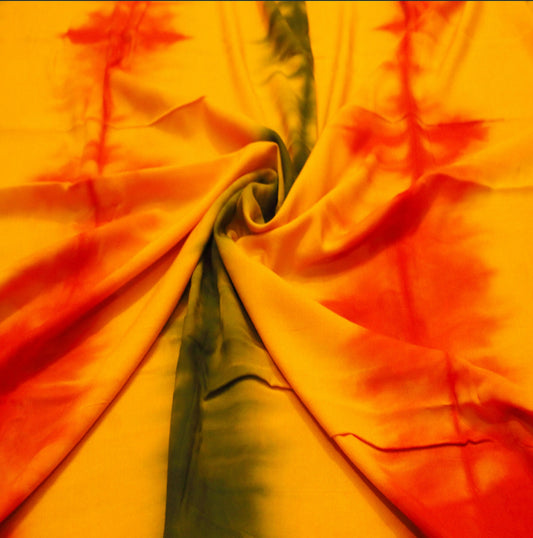 Yellow, Red & Green Tie Dye Rayon Soft Hand tie dyed Rayon Fabric Stitching Draping Yard Cloth Soft Cool BOHO DIY