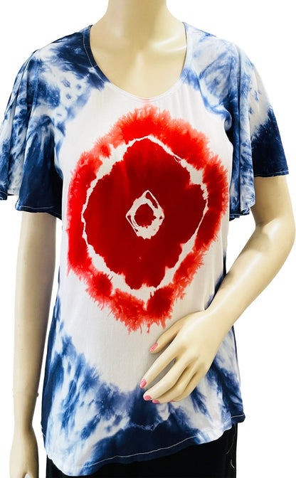 Red Blue White Top Rayon Summer Short Hand Tie dye