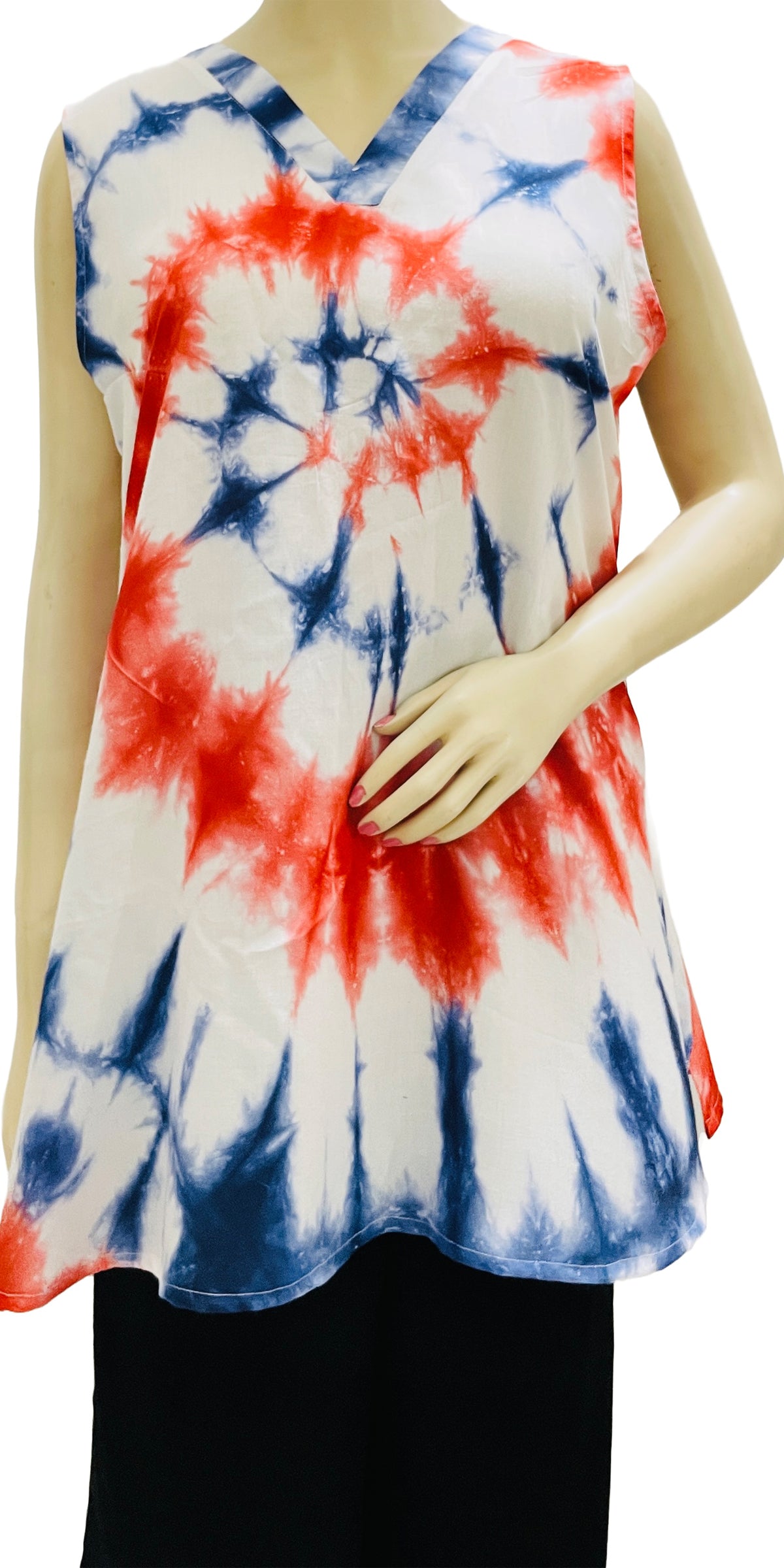 Red Blue White Tunic Rayon Summer Long Hand Tie dye