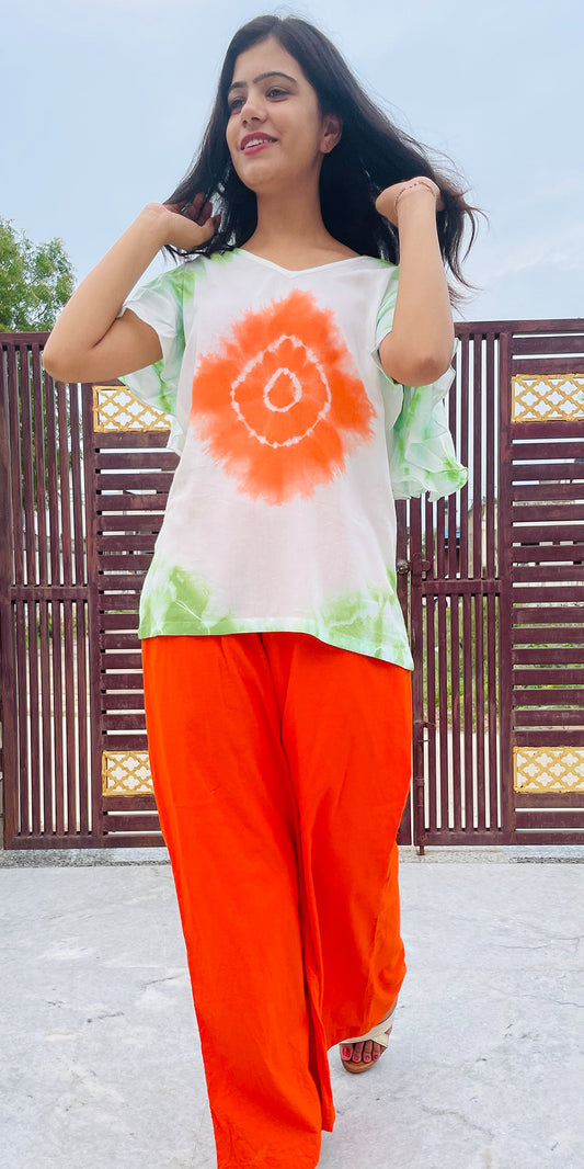 Hand Tie Dye Rayon Top, Orange Green White Color Butterfly Sleeves Top