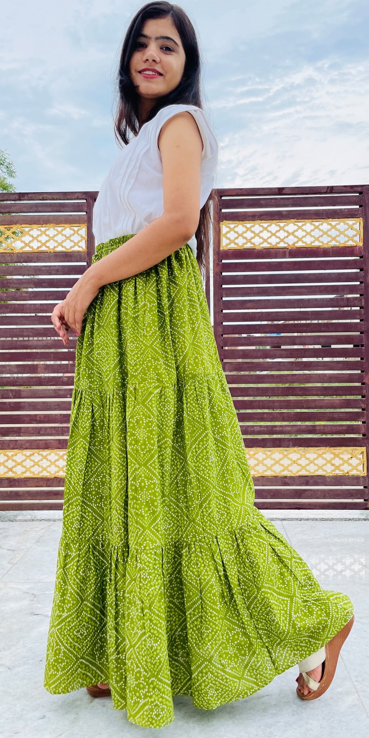 Olive Green Pure Cotton Flared Skirt, Free Size