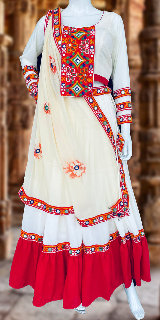 Cream and Red Gujrati Chaniya Choli Mirror work Dupatta