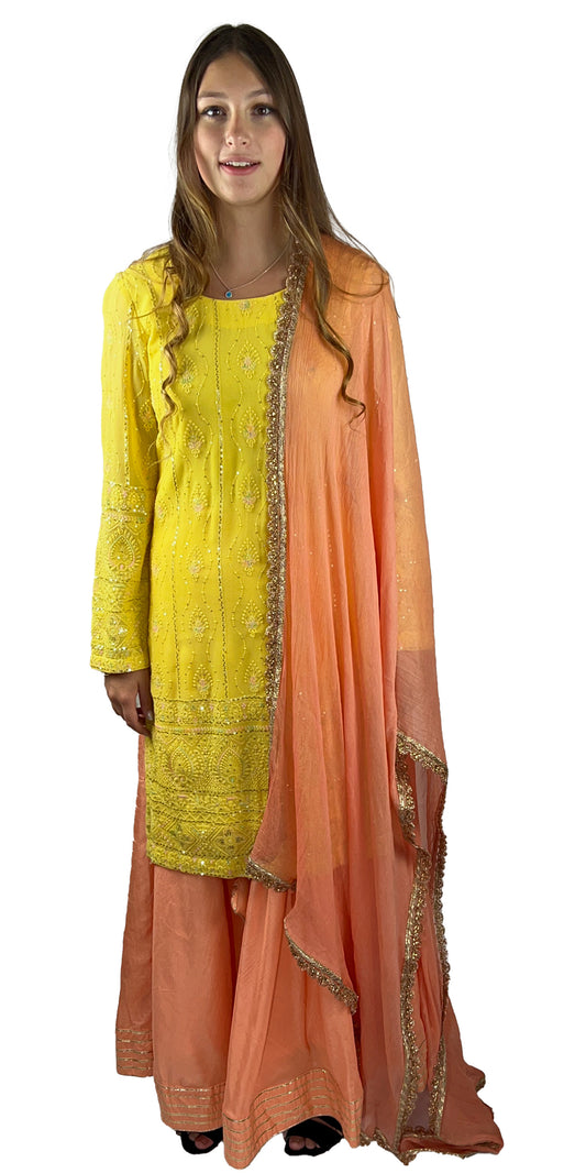 Yellow Kurti with Peach Lehenga and Dupatta