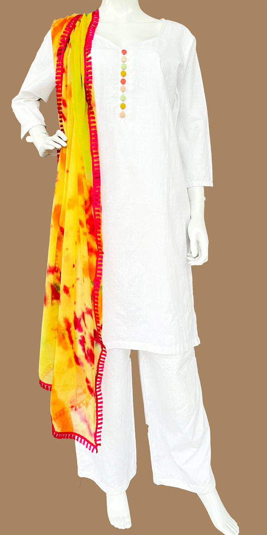 White Pure Muslin kurta Palazzo With Yellow Red Tie DyeDupatta